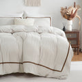 3-Piece White & Khaki Duvet Cover Set - Geometric Line Comforter Cover, Lightweight 100% Polyester, All-Season