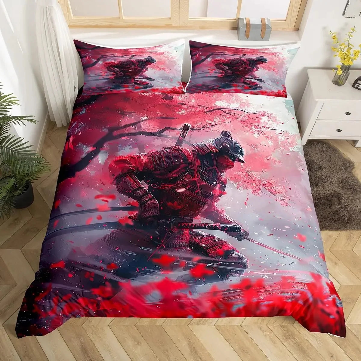 Japanese Samurai Duvet Cover Set 3-Piece - Cherry Blossoms Red Sun & Mount Fuji Print - Multiple Sizes (Twin/Full/Queen/King)