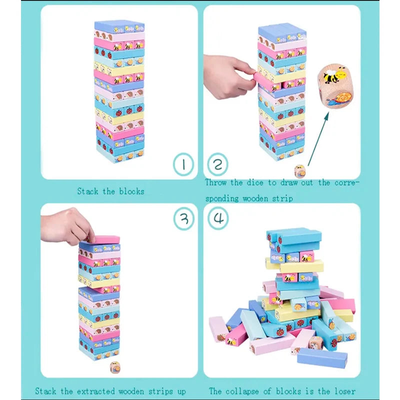 51-Piece Wooden Number & Animal Stacking Blocks Game – Domino Tower Educational Toy for Kids, Indoor & Outdoor Play