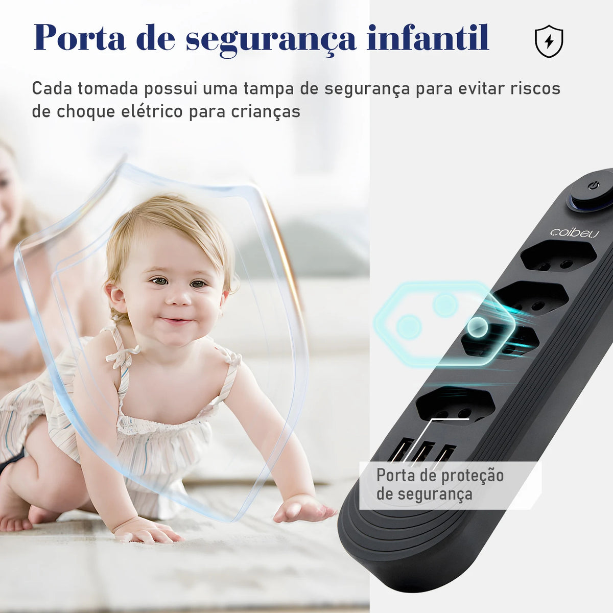 Power Strip with USB & Overload Protection – Extension Socket 10A, 2m (6.6 ft) Cable