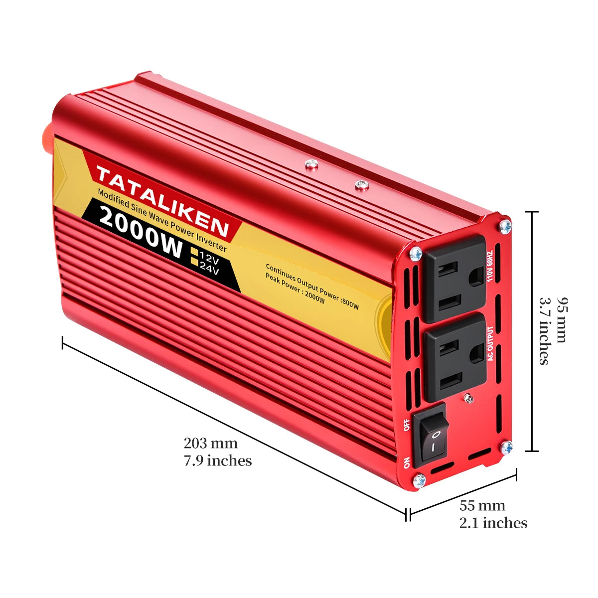 2000W Car Power Inverter 12V DC to 110V/220V AC 60Hz with Dual USB Quick Charge Adapter - Red