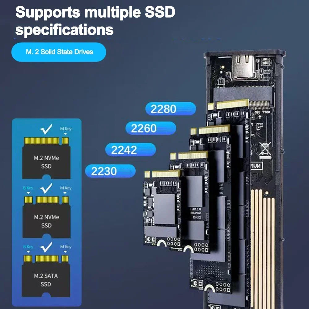 M.2 NVMe/SATA Dual-Protocol SSD Enclosure USB-C 3.1 — 10Gbps External M.2 Case (2230/2242/2260/2280)