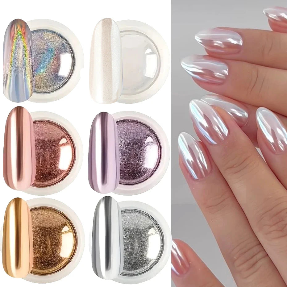 6-Pack Chrome Mirror Nail Powder Set Gold Silver Rose Gold White Holographic Aurora Iridescent Nail Art Pigments