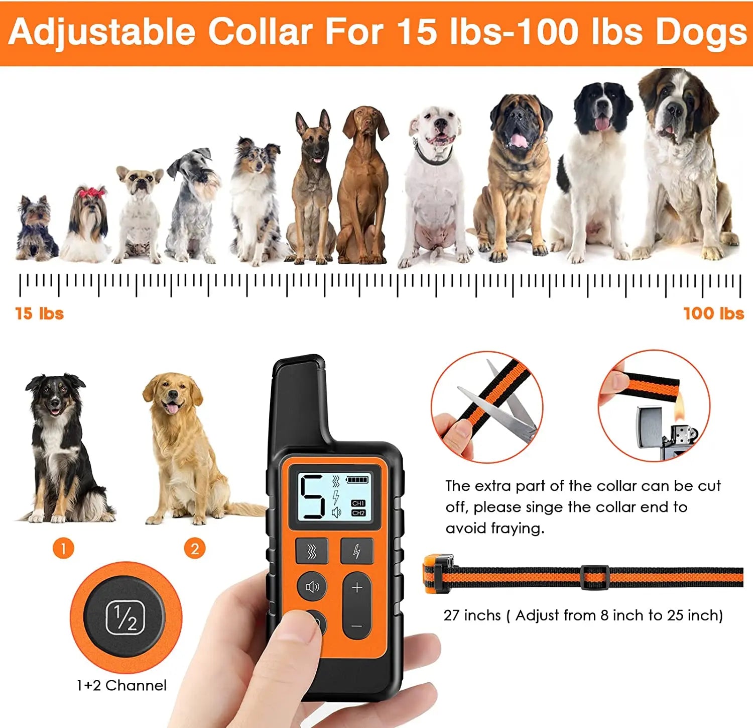 Waterproof Remote Dog Training Collar – 500m Range Rechargeable with Shock, Vibration & Tone, Adjustable 14–27 in (35–69 cm)