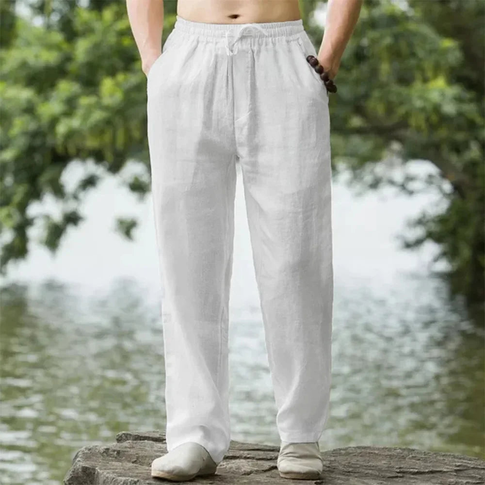 Men's Summer Cotton-Linen Oversized Wide Leg Pants Elastic Waist Casual Ankle-Length