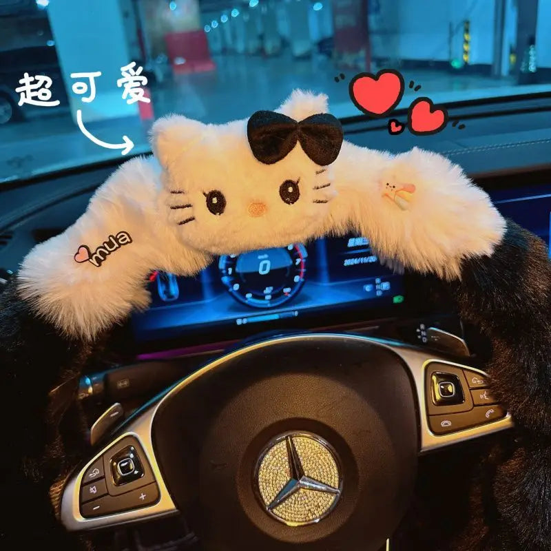 Kawaii Cat Plush Steering Wheel Cover – Winter Warm Soft Car Wheel Cover, Cute Interior Accessory