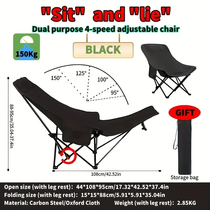 4-Position Folding Camping Chair with Footrest, Portable Adjustable Outdoor Chair for Beach Fishing Picnic Travel