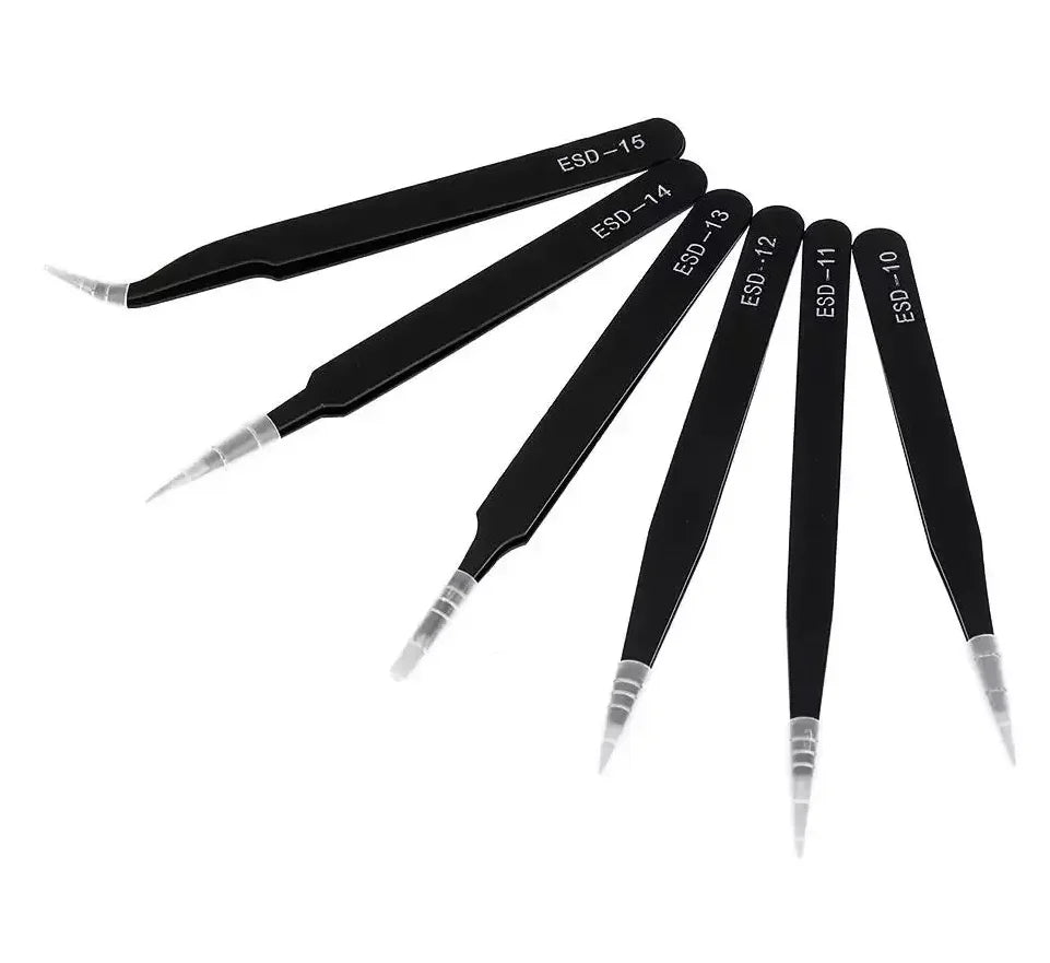 Antistatic Stainless Steel Precision Tweezers Set - 6-Piece Curved & Straight Tools for Electronics, Model Making & Repairs