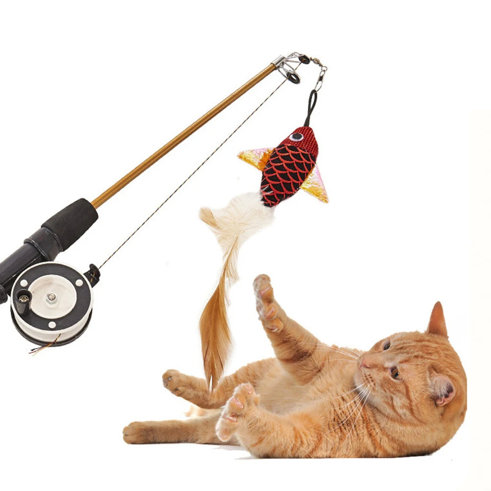 Retractable Telescopic Cat Wand Toy - Feather Fish Teaser for Interactive Play (Cats & Kittens)