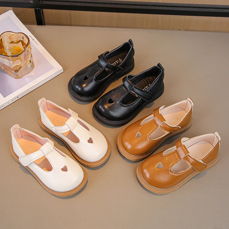 Girls Princess PU Leather T-Strap Flats with Heart Cut-Outs Cute Toddler & Kids Dress Shoes for Spring Autumn