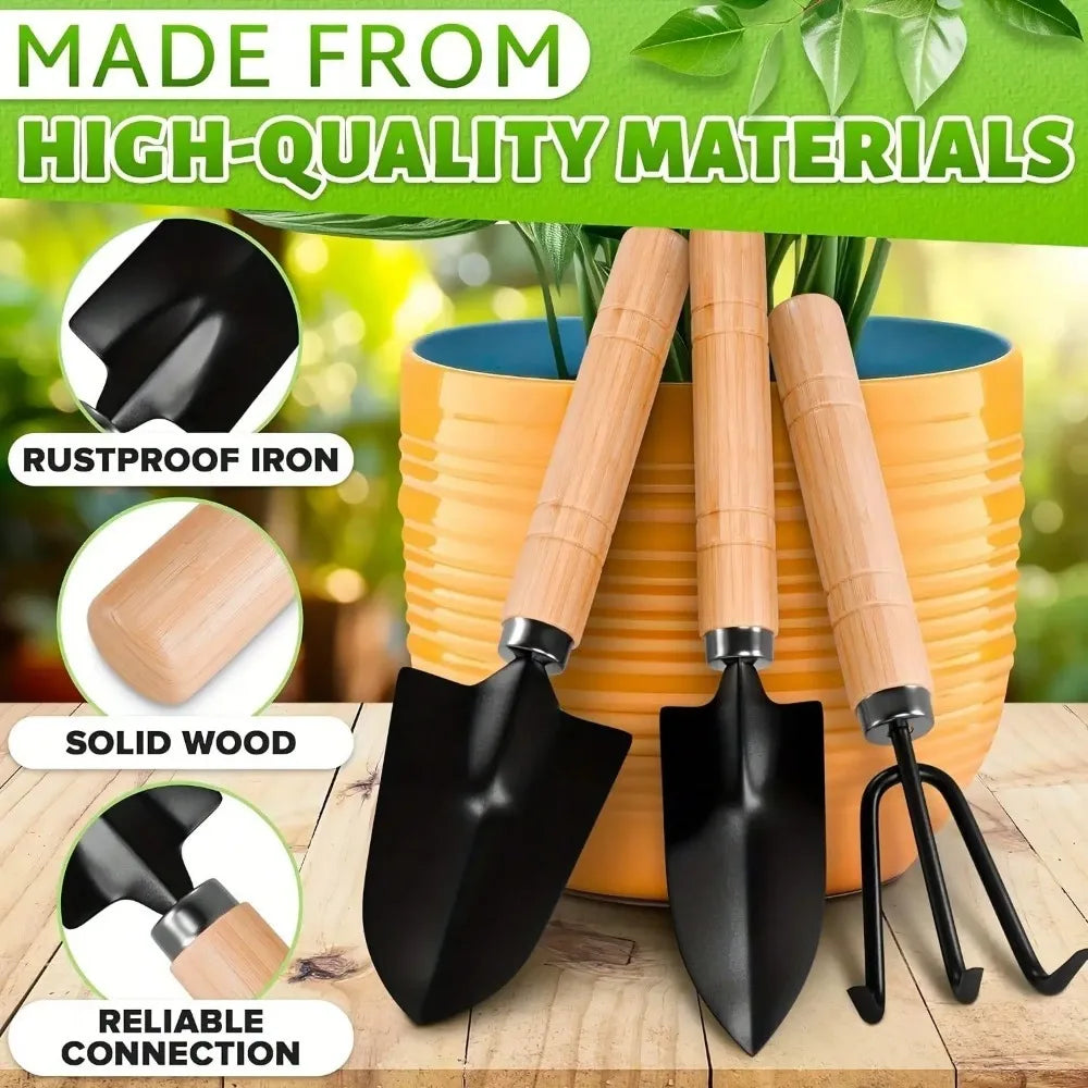 3-Piece Mini Indoor Planting Tool Set - Hand Trowel, Rake & Fork with Wooden Handles, Portable Gardening Tools for Small Plants