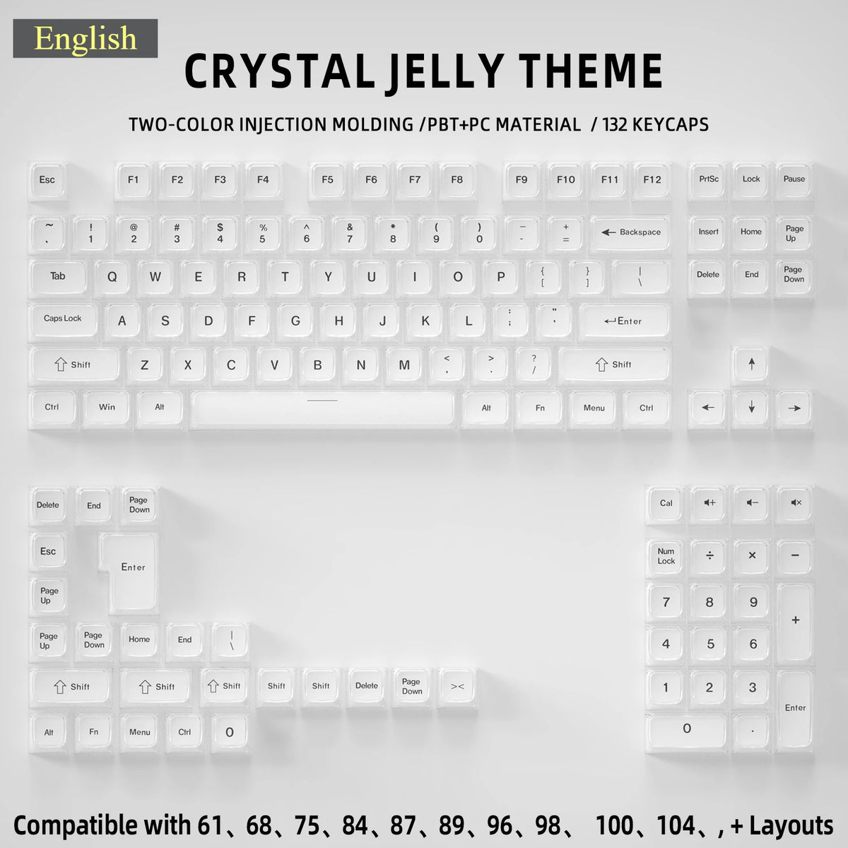 Crystal Jelly Keycap Set — Korean & English Side/Front Printed for Mechanical Keyboards | Pink, White & Blue — Fits 60%, 75%, 80%, 100% and Common Layouts