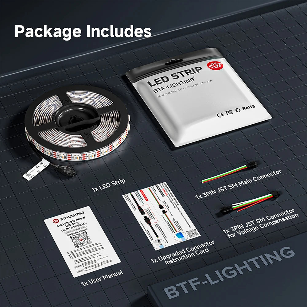 5V SK6812 RGBW Addressable LED Strip – Individually Addressable RGBW LEDs, 30/60/144 LEDs/m, 1m/4m/5m, IP30/IP65/IP67