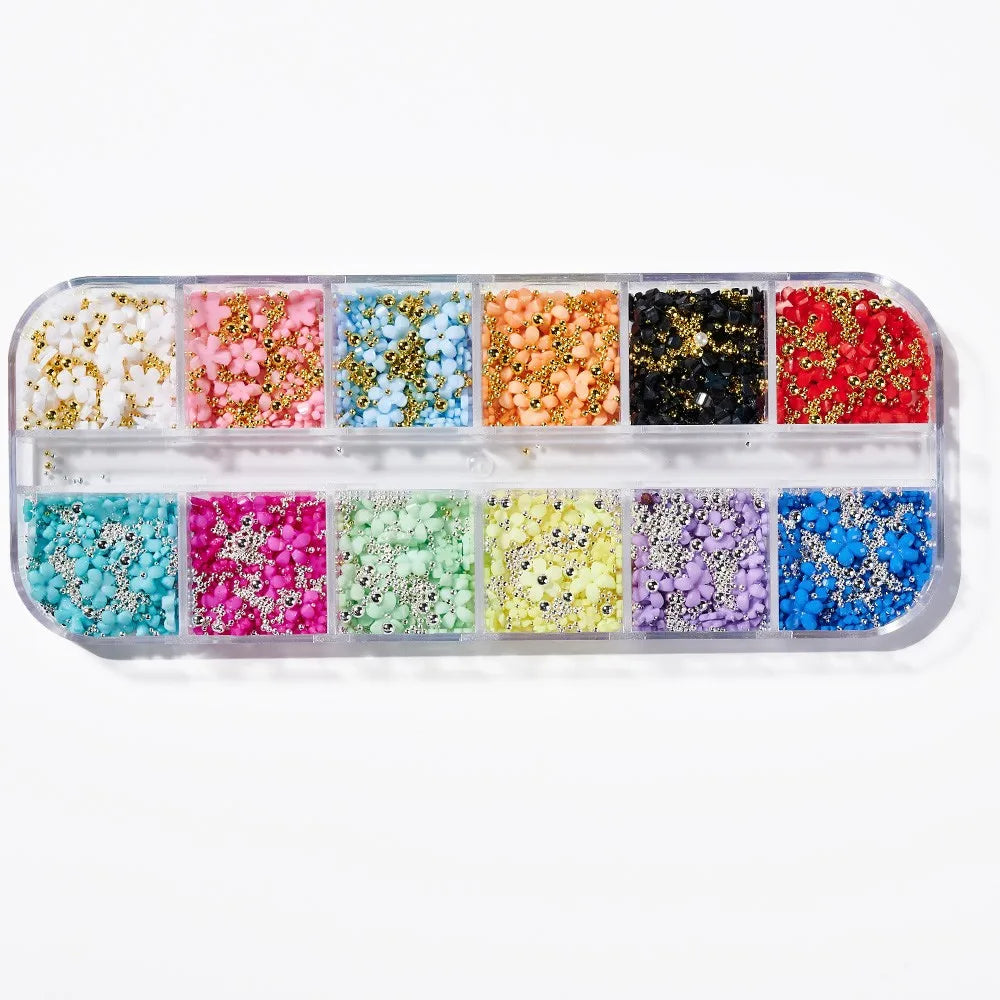 12-Grid Pink & White Nail Art Charms Set – Bows, Pearls, Rhinestones & Butterflies for DIY Manicure