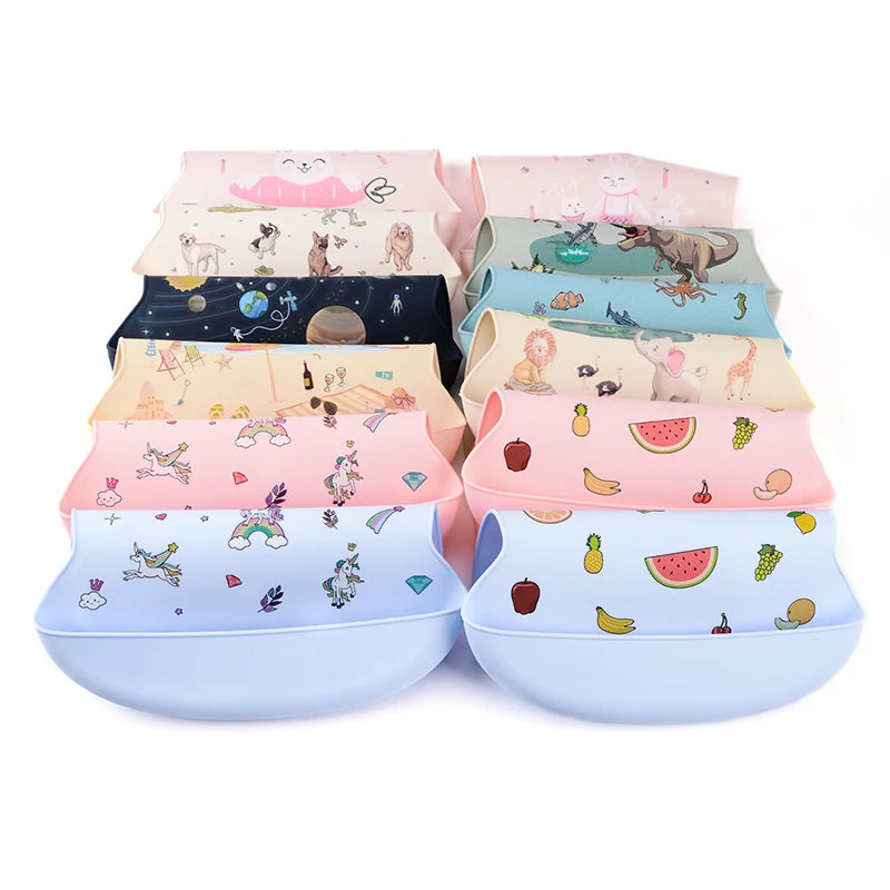 Silicone Baby Bib Waterproof Adjustable Cartoon Banana Feeding Bib with Pocket BPA-Free for 1-3 Years