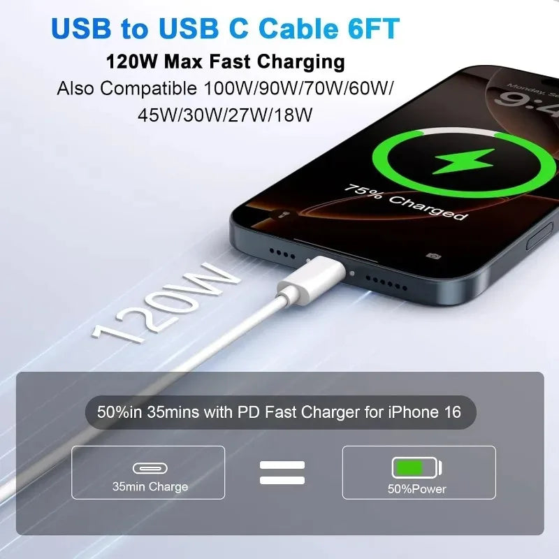 1/2/3 Pack 120W 10A USB-A to USB-C Fast Charging Cable, High-Speed Data Sync, Multiple Lengths (0.25–2 m / 9.8–78.7 in)