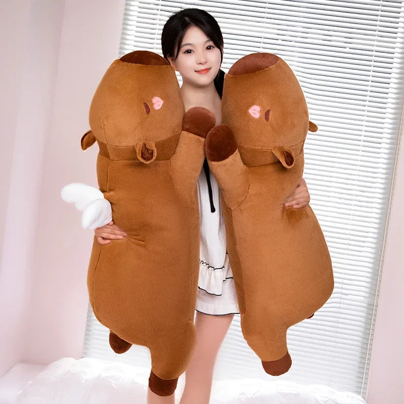 Kawaii Giant Capybara Plush Pillow – 60/80/100cm (24/32/39 in) Lying Stuffed Animal with Wings, Brown Orange Cushion for Home Decor