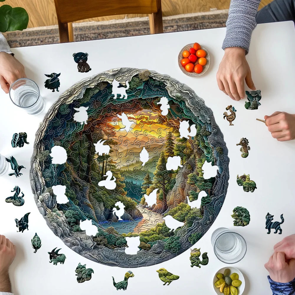 Wooden Jigsaw Puzzle for Adults, Winter Forest River Sunset, Flat 3D Visual Effect
