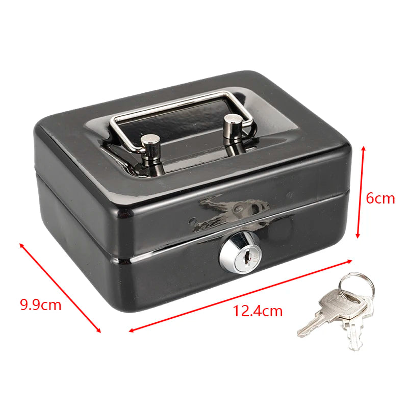 Portable Mini Steel Cash Box with Lock – Coin & Jewelry Safe with Removable Tray, 4.88 x 3.90 x 2.36 in (12.4 x 9.9 x 6 cm)