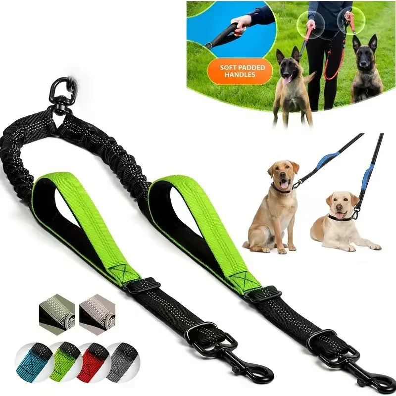 Dual Dog Leash Coupler - Padded Handles No-Tangle Bungee No-Pull Leash with 360° Swivel & Reflective Trim