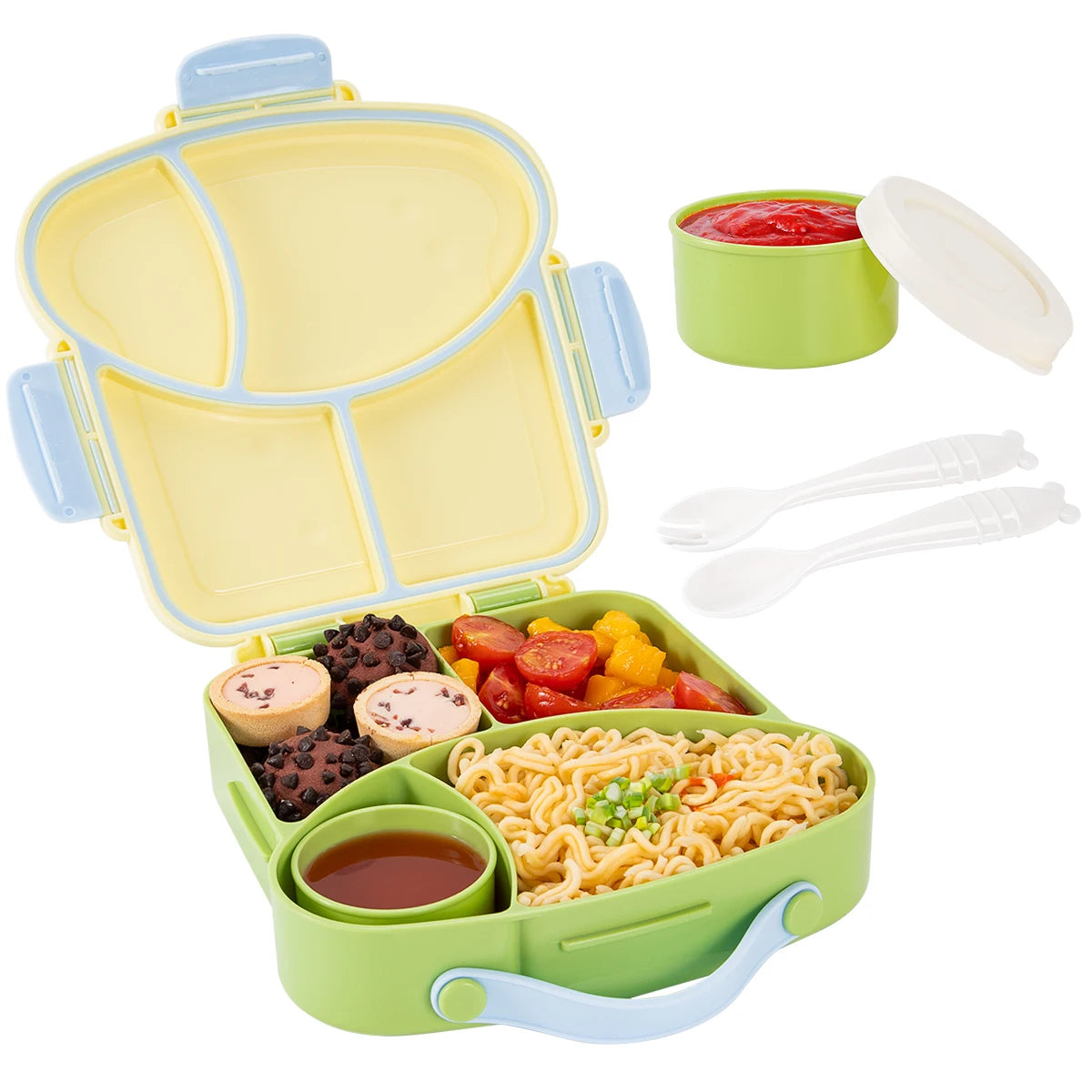 Bento Lunch Box Set • Leakproof BPA-Free Meal Container with Spice Cup & Utensils, Portable Handle for School Travel & BBQ