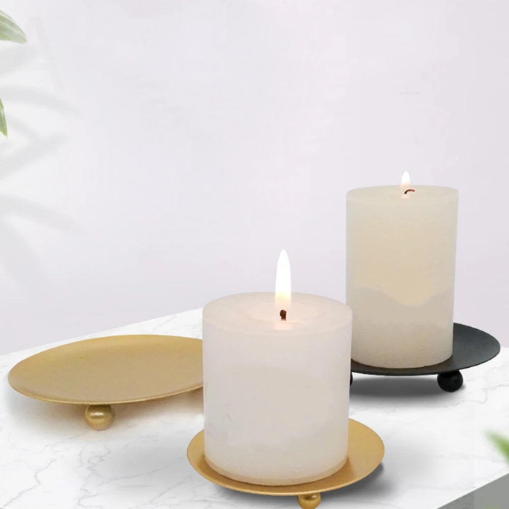 Iron Plate Candle Holder – Decorative Pillar & Votive Candlestick Pedestal, Gold/Black, 2 Sizes (7x7x1.5 cm / 2.8x2.8x0.6 in; 11x11x1.7 cm / 4.3x4.3x0.7 in)