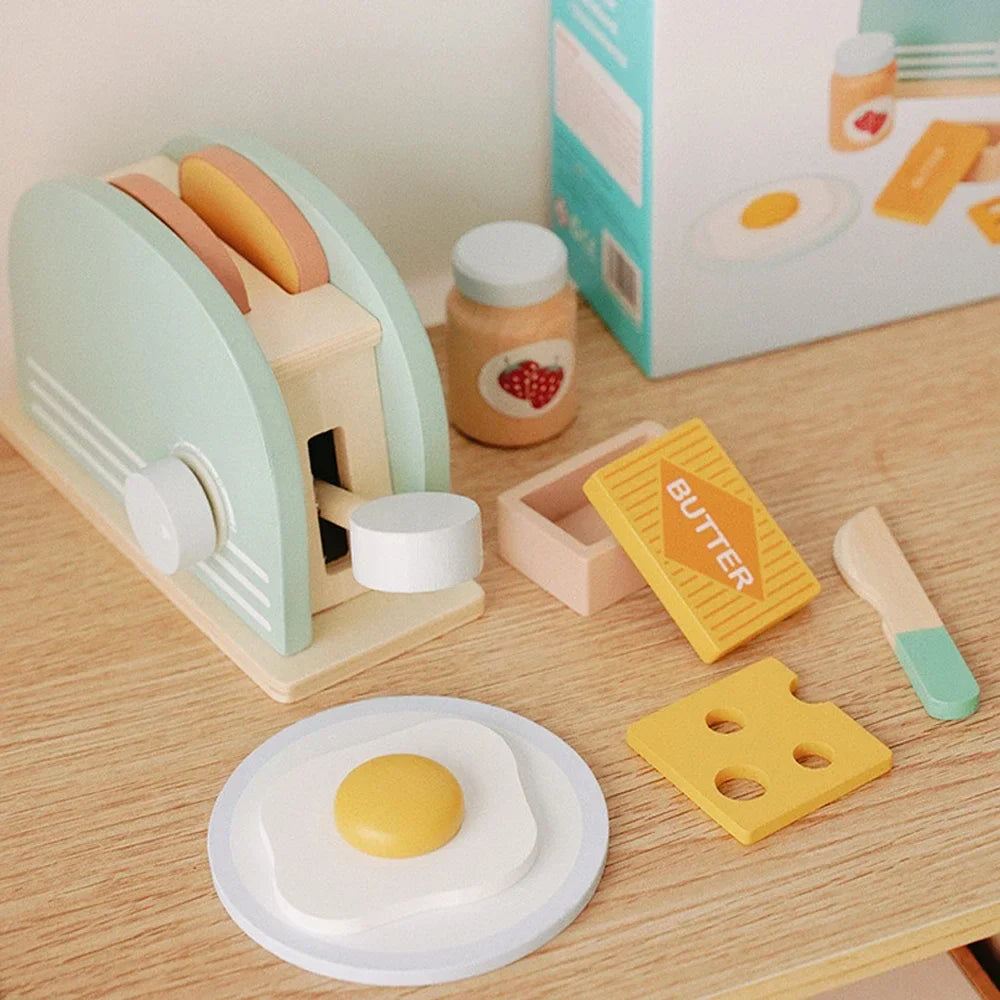 Wooden Toy Toaster Play Kitchen Set – Pretend Bread Machine Kit for Kids, Educational Breakfast Playset, Gift for Boys & Girls