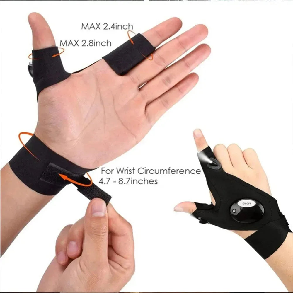 LED Fingerless Gloves with Built-In Finger Lights for Fishing & Cycling