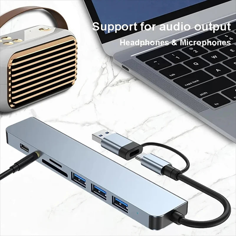 USB-C Hub 8-in-1 USB Splitter with SD/TF Card Reader, 3x USB Ports, USB-C & 3.5mm Audio — 15cm (5.9in) Cable, Compatible with MacBook & Laptops