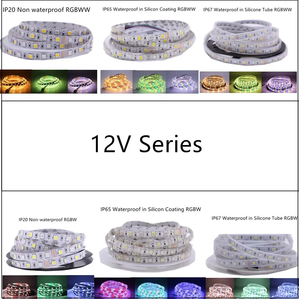 5M (16.4 ft) 300-LED 5050 SMD RGB / RGBW / RGBWW / RGBCCT Flexible LED Strip Light — 12V / 24V, IP20/IP65/IP67