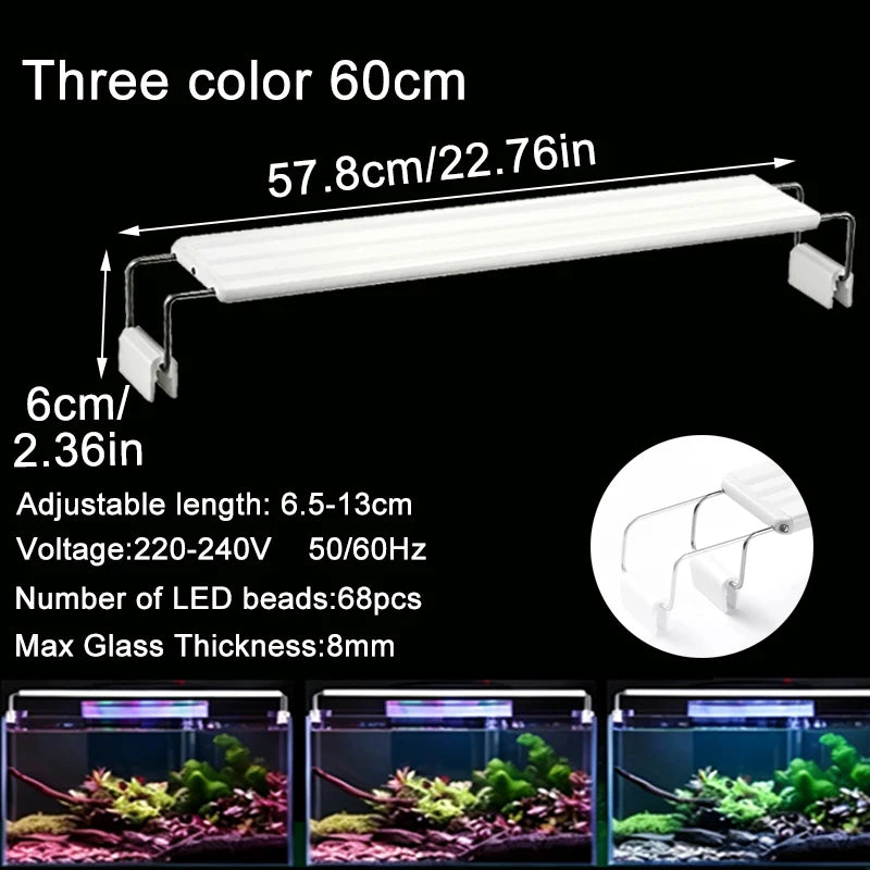 Adjustable 3-Color Full Spectrum LED Aquarium Light – Clip-On Telescopic Lamp for 18–75 cm (7–30 in) Fish Tanks