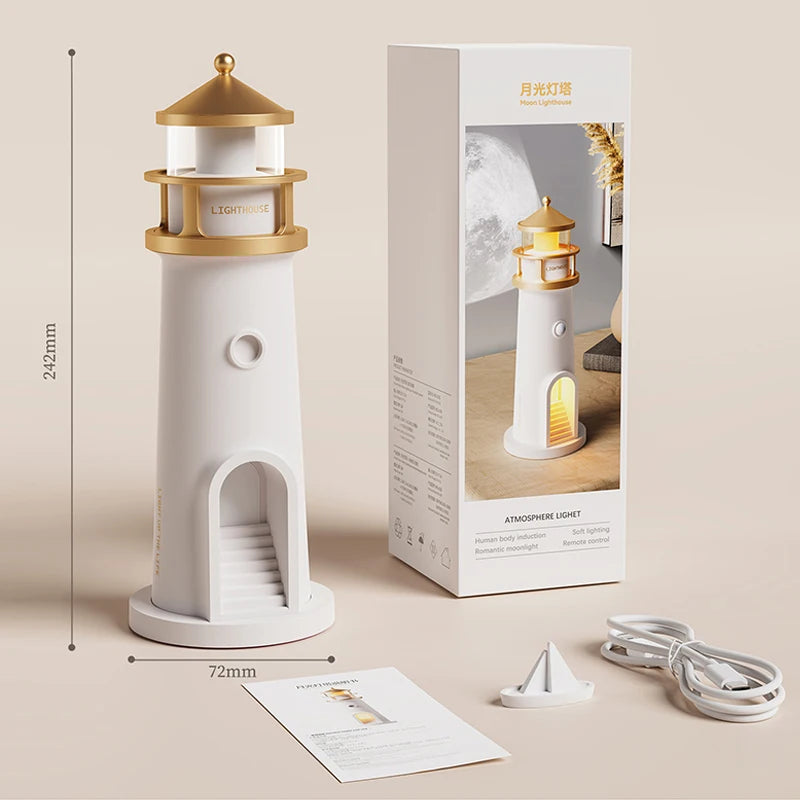 Moon Projection Night Light Lighthouse Lamp with Bluetooth Speaker, Remote & Motion Sensor — Ambient Bedroom & Kids Gift