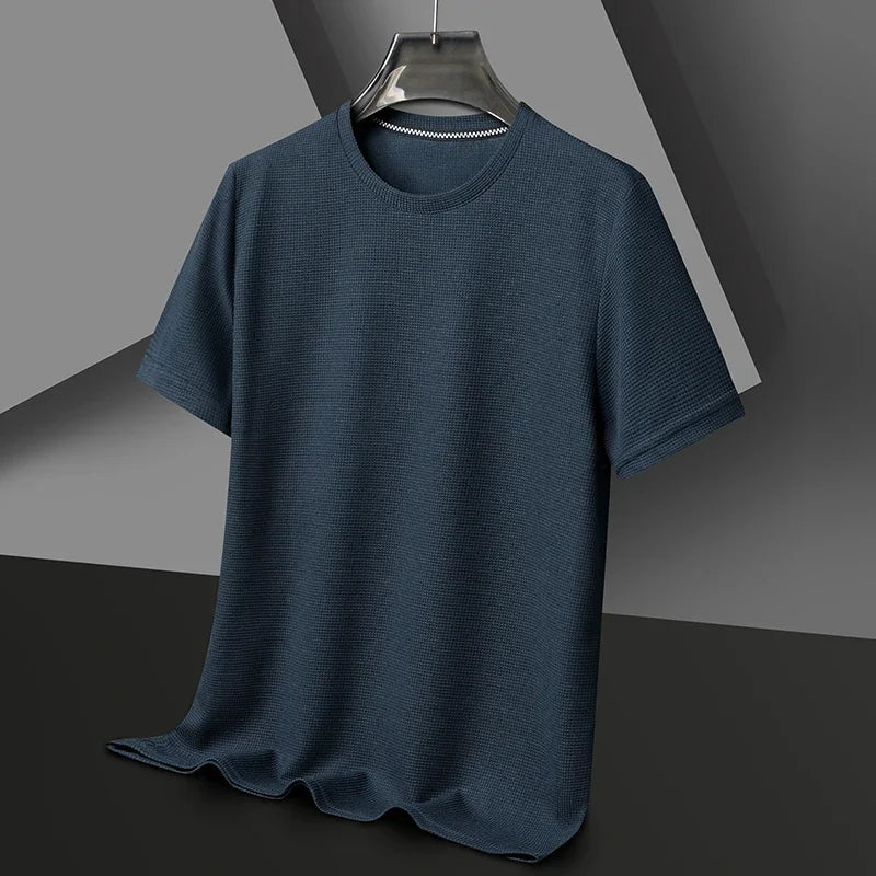 Men's Summer Waffle Knit Short Sleeve T-Shirt Round Neck Casual Breathable Tee