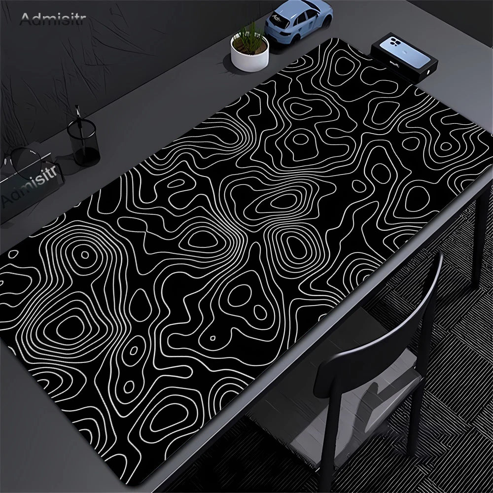 XXL Black & White Abstract Desk Mat - Liquid Strata Gaming Mouse Pad, Large Non-Slip Locking-Edge Deskmat