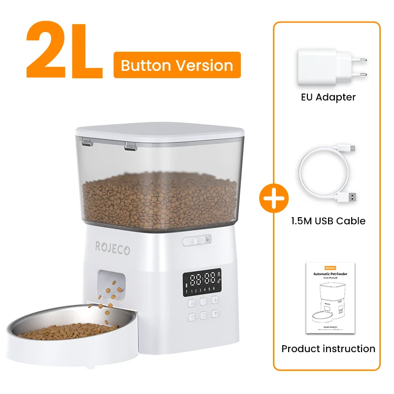Automatic Pet Feeder Button Version - Programmable LCD Dry Food Dispenser for Cats & Dogs, Rechargeable