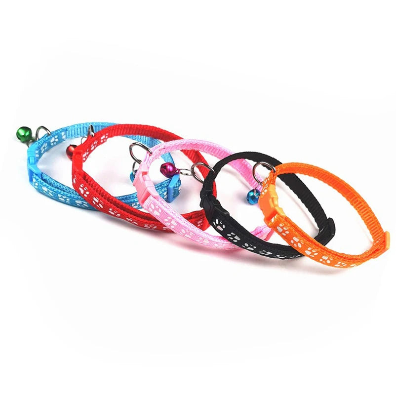 Adjustable Cat Collar with Bell and D-Ring, Dog-Print Rope Necklace, Multiple Colors