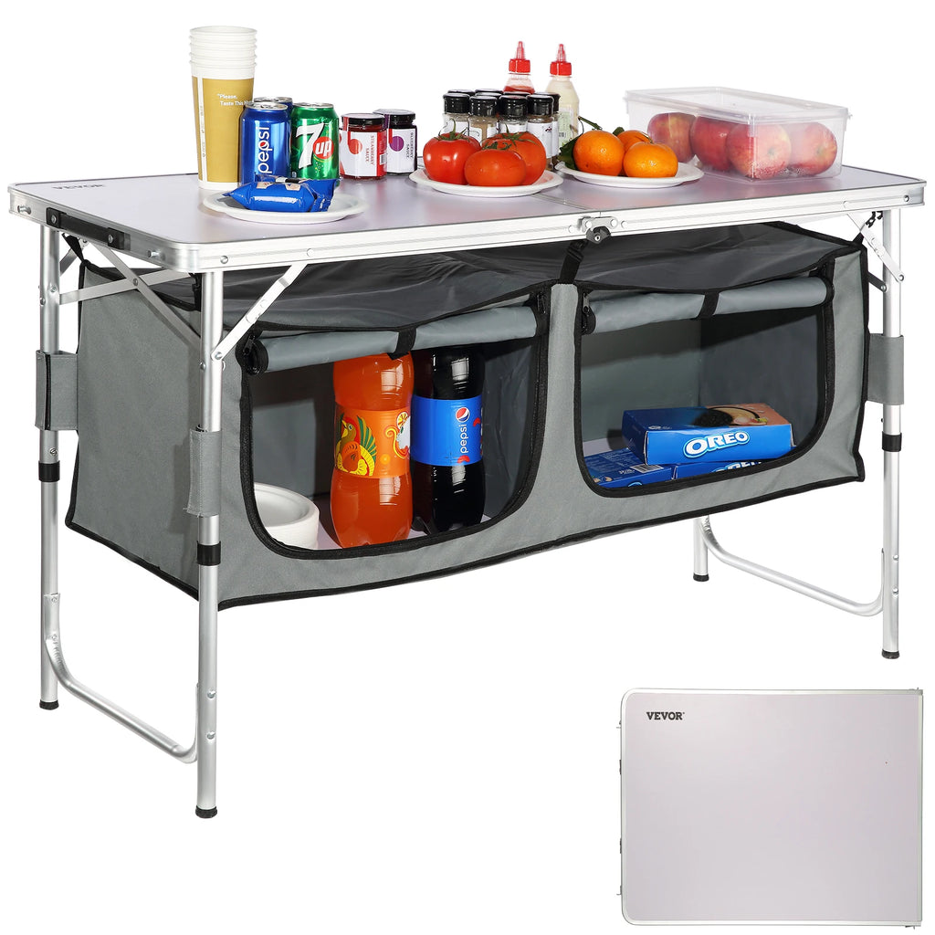 Portable Folding Camping Kitchen Table with Storage Bag – Aluminum Picnic Cook Station, Adjustable Height 21.45 / 24.4 / 27.56 in (54.5 / 62 / 70 cm)