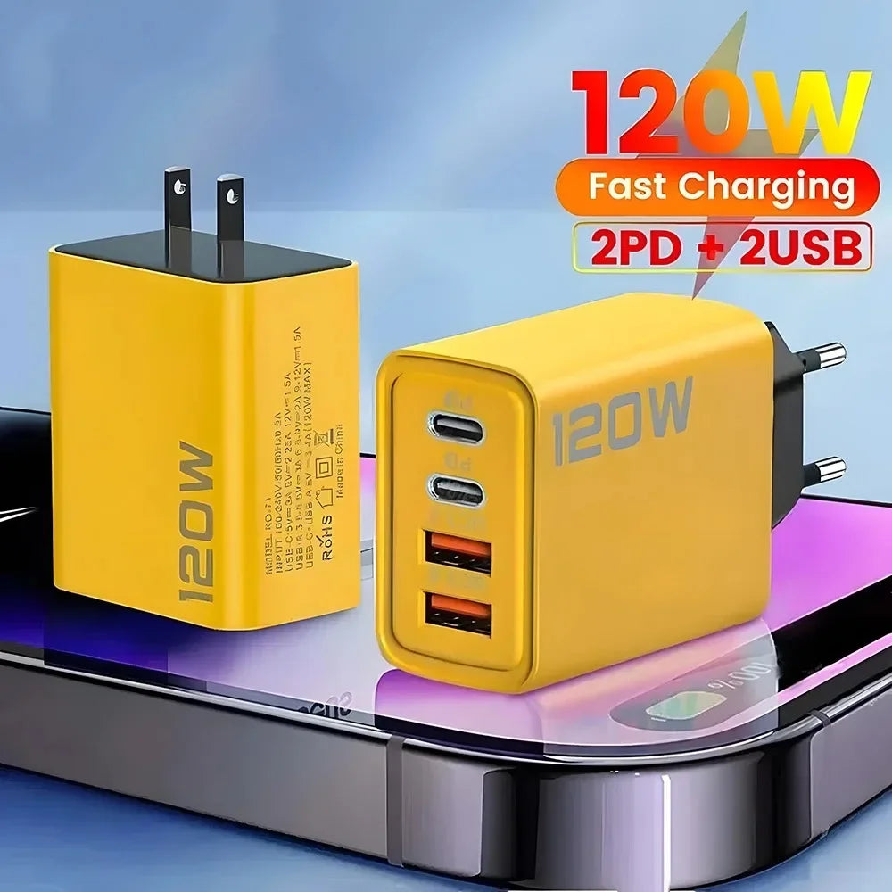 120W 4-Port USB-C PD Fast Charger Wall Adapter, 2 USB-C + 2 USB-A Quick Charge with US/EU Plugs