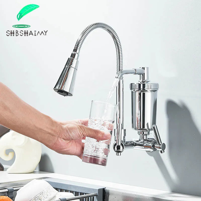 Wall-Mounted Pull-Out Kitchen Faucet with Built-In Filter — Chrome & Matte Black, Single Cold Water, Retractable Spout