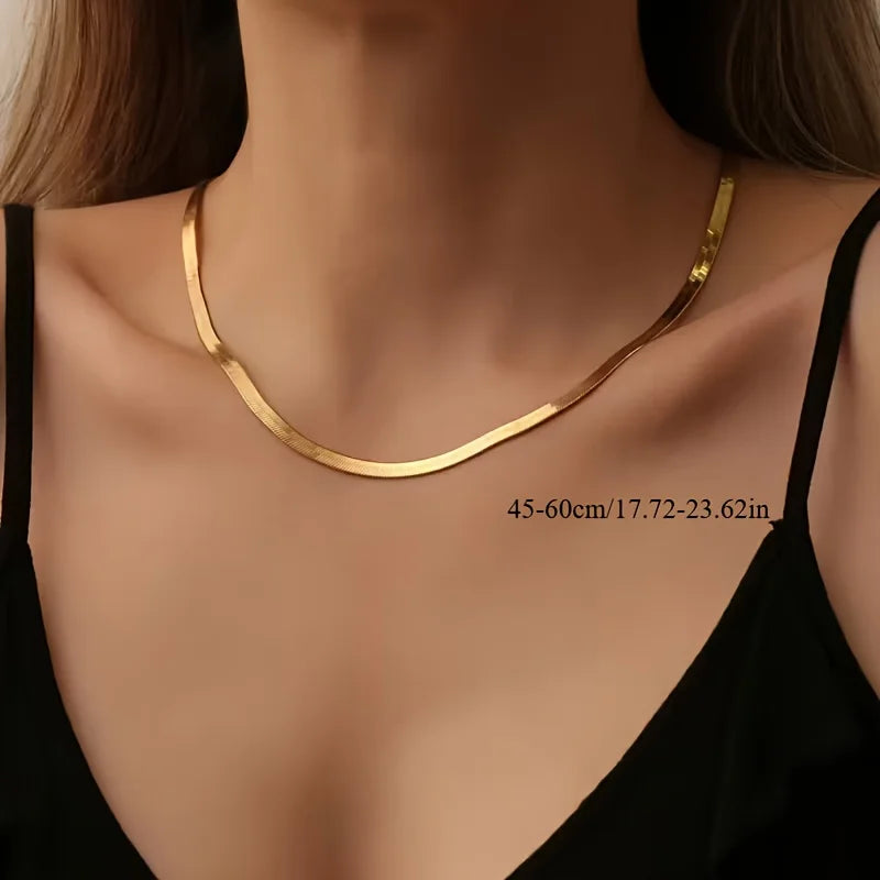 Minimalist Flat Snake Bone Chain Necklace, Adjustable Gold Stainless Steel, Tarnish-Resistant, Stackable