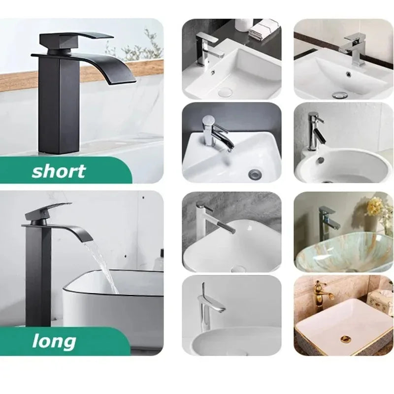 Black Waterfall Bathroom Basin Faucet – Stainless Steel Deck-Mounted High-Low Mixer Tap, Hot & Cold