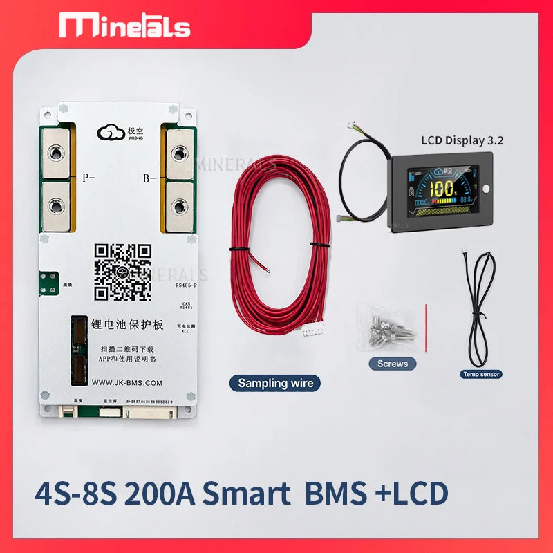 Smart BMS 3S–8S 200A Battery Management System with 2A Active Balance, Bluetooth APP & LCD — Li‑ion / LiFePO4, 12V/24V