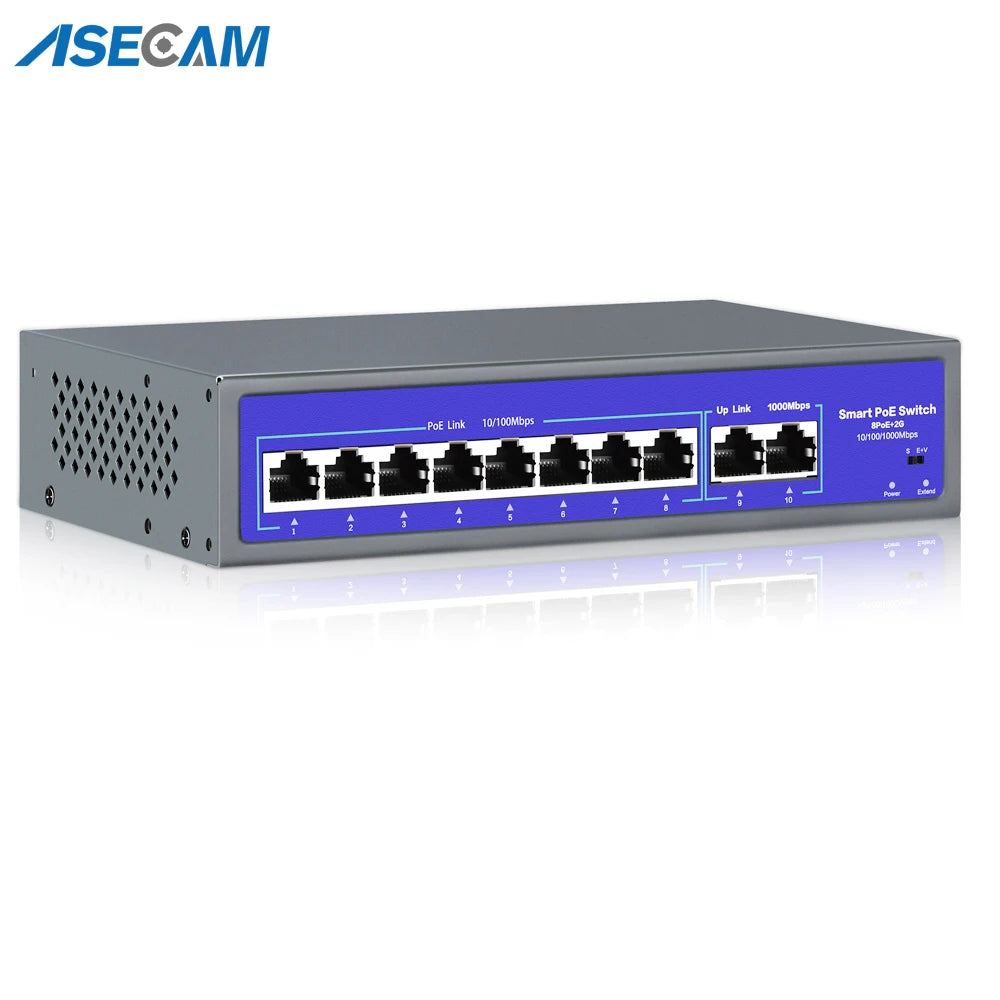 8-Port 52V PoE Switch 10/100/1000Mbps IEEE 802.3af/at for IP Cameras CCTV & Wireless AP