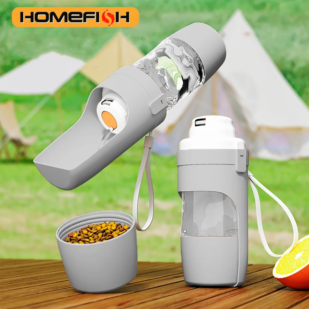 Portable 500ml (16.9 fl oz) Pet Water Bottle with Food Storage & Foldable Bowl - Travel Feeder for Dogs & Cats