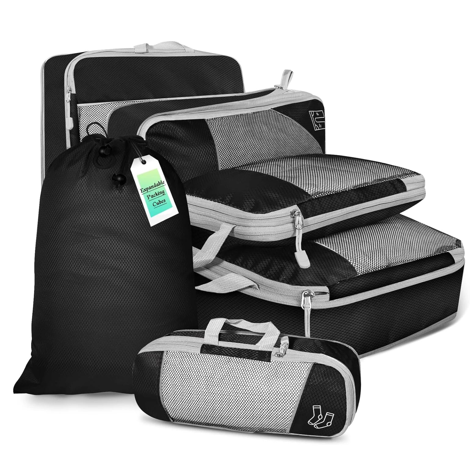 6-Piece Travel Compression Packing Cubes Set with Shoe Bag - Mesh Lightweight Luggage Organizers