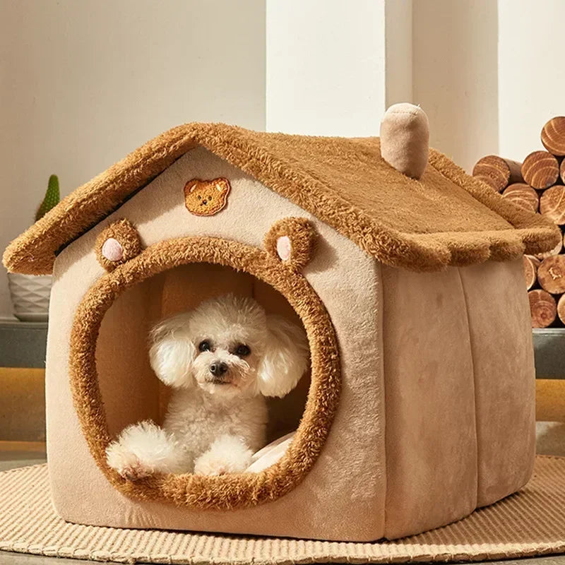 Foldable Plush Pet House Bed — Cozy Winter Dog & Cat Nest, Puppy Cave Sofa for Small & Medium Pets (S/M/L, Removable Cover)