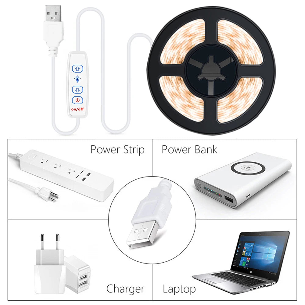 USB 5V COB LED Strip Light, Dimmable, 320 LEDs/m (≈98 LEDs/ft), Self-Adhesive Flexible Ribbon for Kitchen Cabinet Mirror Bedroom