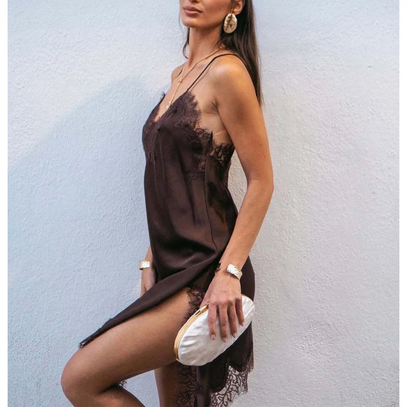 Lace Satin Slip Mini Dress Backless Asymmetric Summer Party & Beach Dress for Women