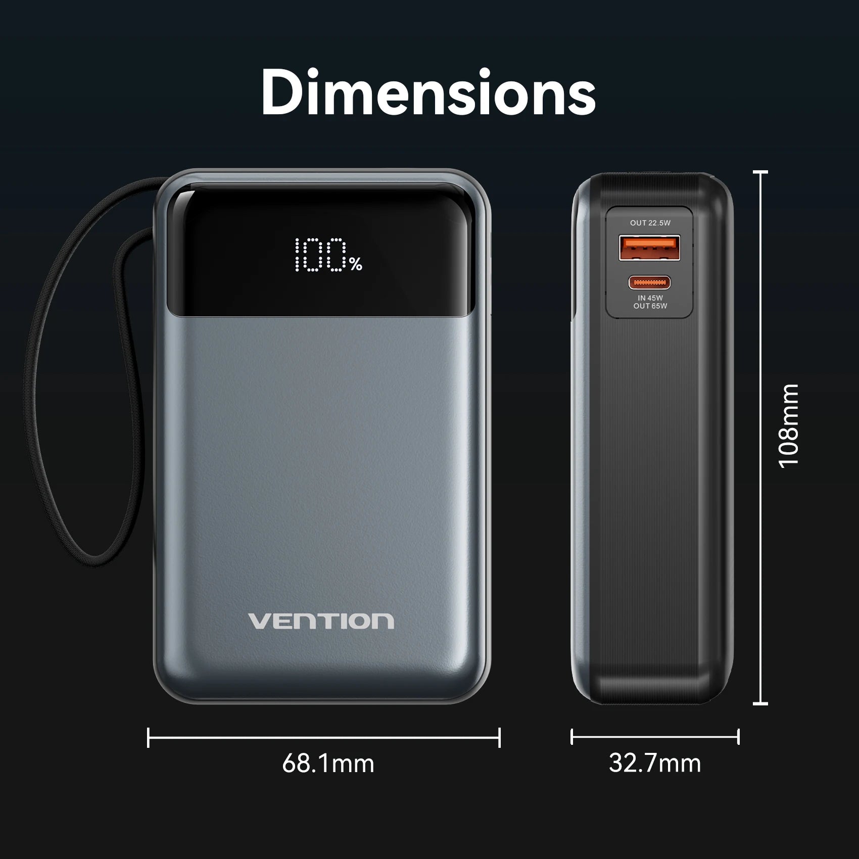 20000mAh 65W PD Power Bank with Built-in USB-C Cable, Portable Fast Charger for Laptops, Phones & Tablets