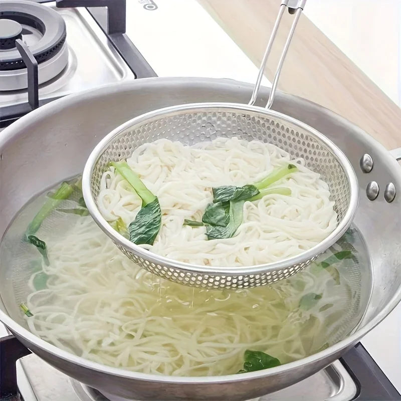 FanzyMarket stainless steel colander strainer with wooden handle, ideal for pasta, food prep, and grease filtering.